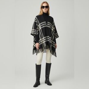 Nicole Miller Black & White Plaid‎ Poncho Cape Shawl Wrap with Fringe Open Front